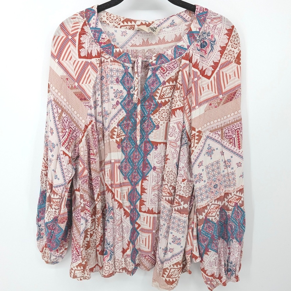 Savanna Jane Blouse Women 1X Multicolor Boho Embroidered Peasant Top Southwest